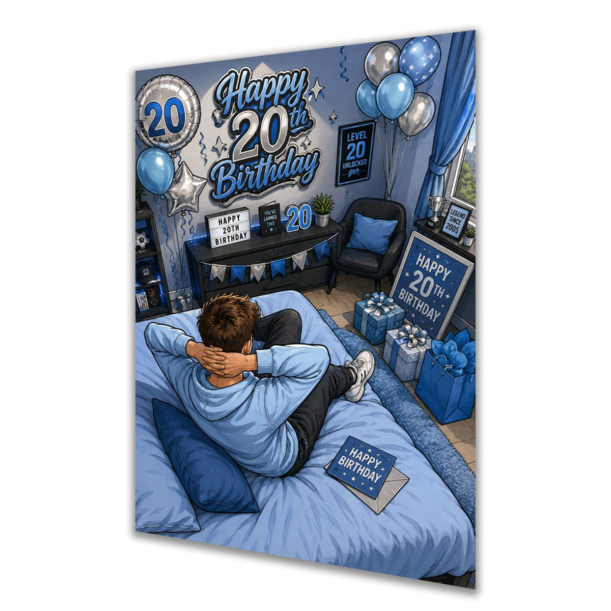 20th Birthday Card - Boy in Blue Gaming Bedroom