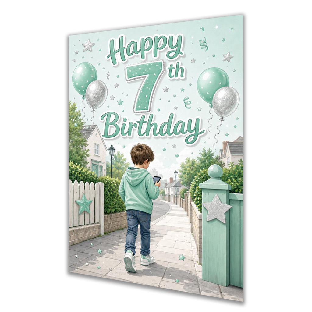 7th Birthday Card - Boy in Mint Hoodie