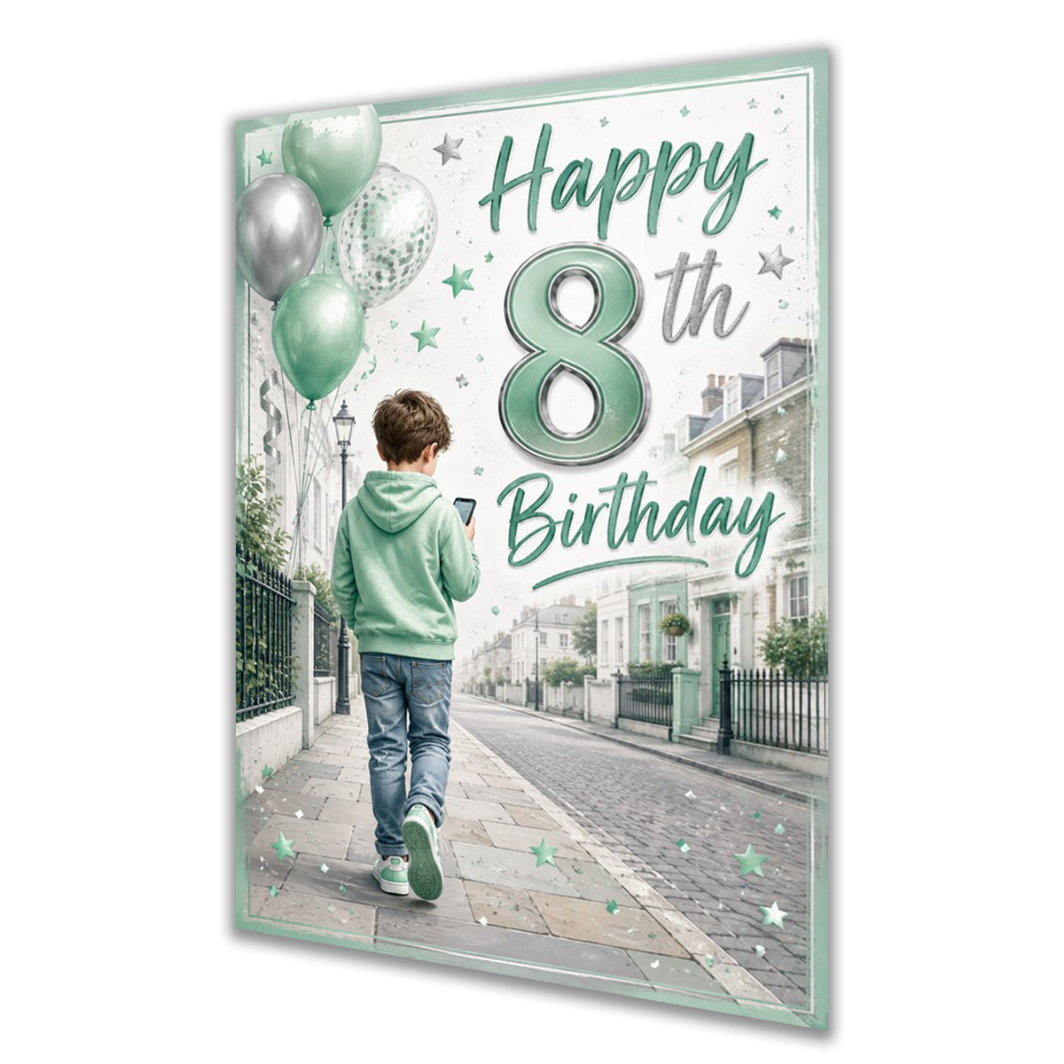 8th Birthday Card - Boy in Mint Hoodie