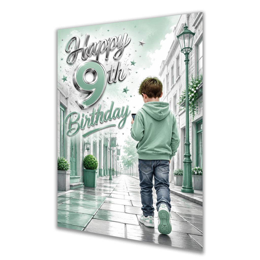 9th Birthday Card - Boy in Mint Hoodie