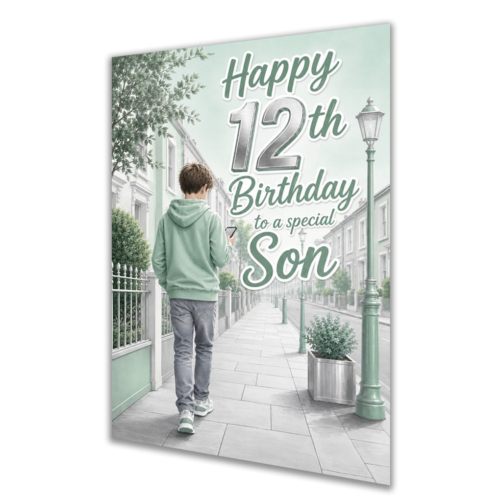 Son 12th Birthday Card - Boy in Mint Hoodie