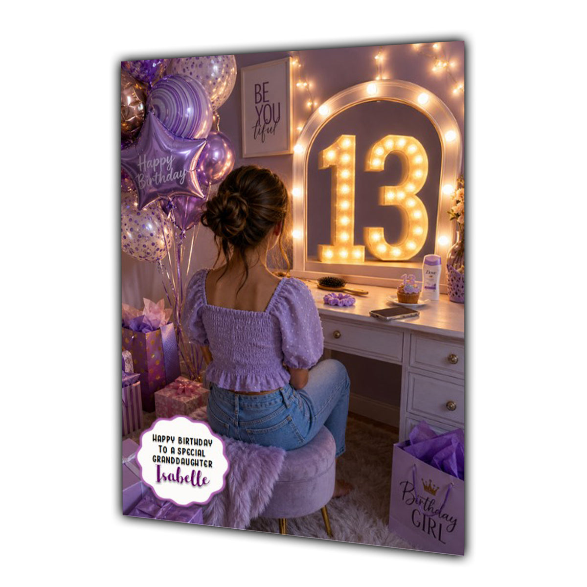 13th Birthday Card For Girls, Daughter, Granddaughter, Niece, Brown Hair, Dressing Table