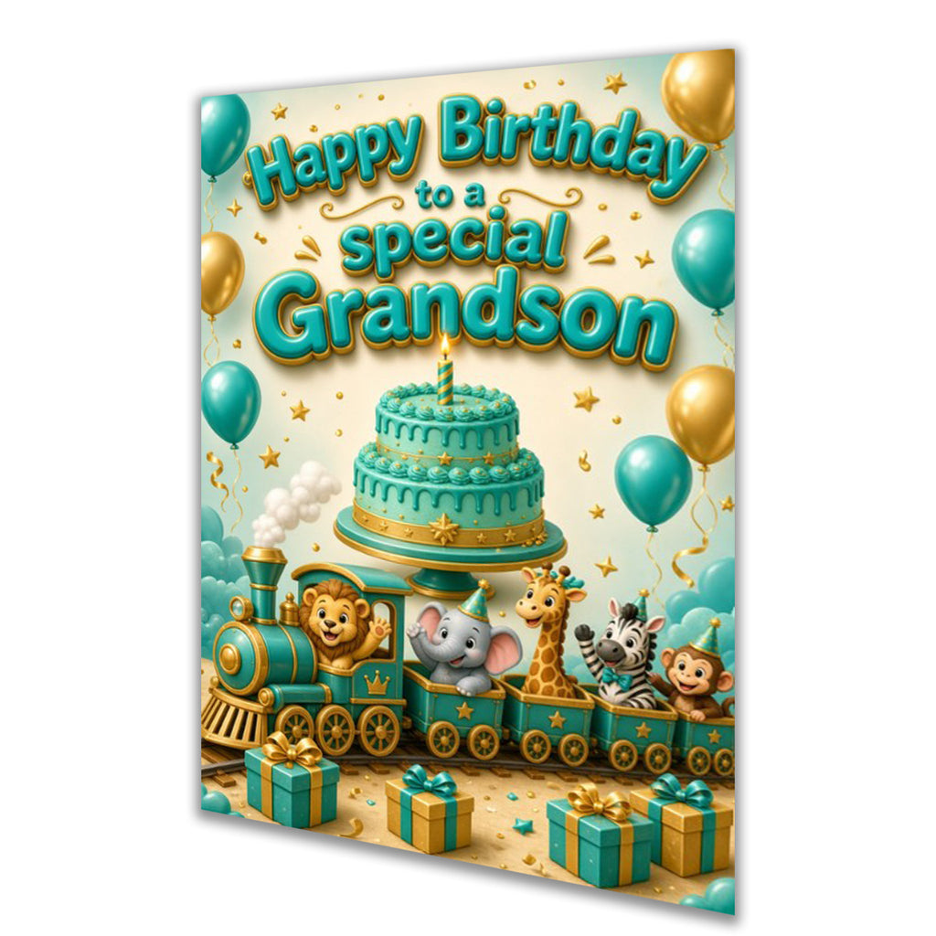 Grandson Birthday Card - Animal Train and Cake
