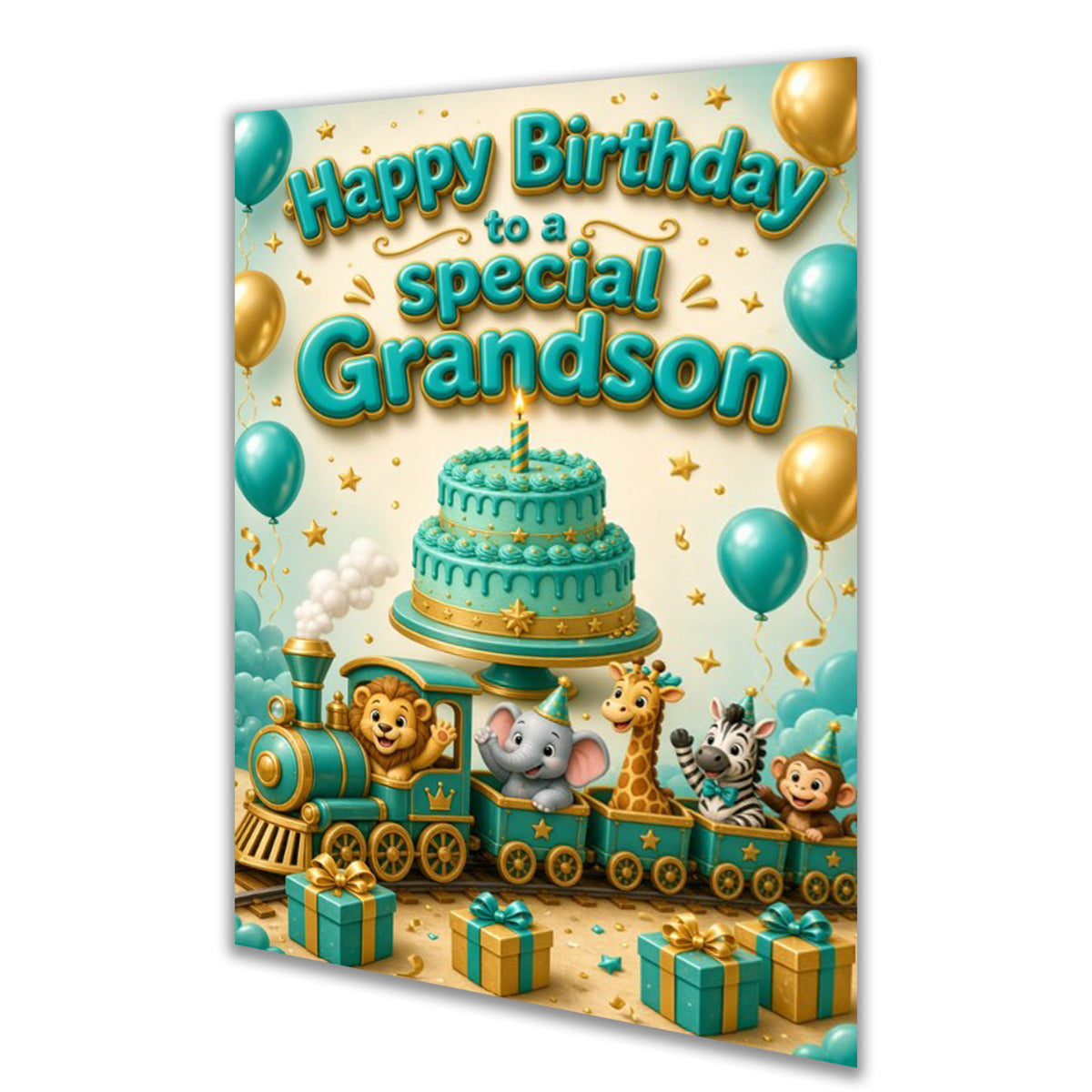 Grandson Birthday Card - Animal Train and Cake