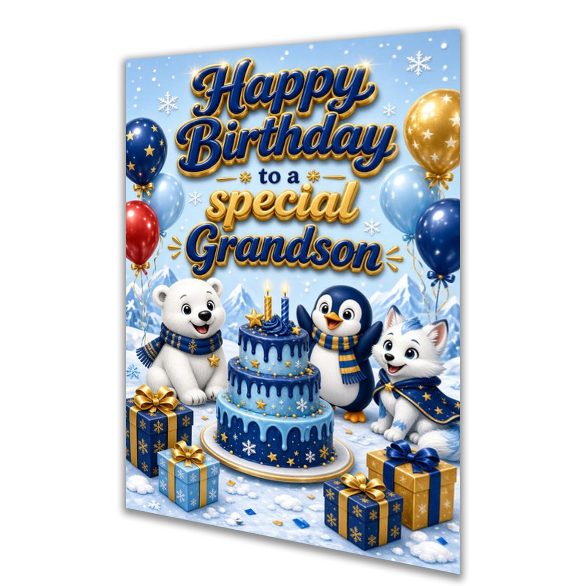 Grandson Birthday Card - Winter Animals and Cake