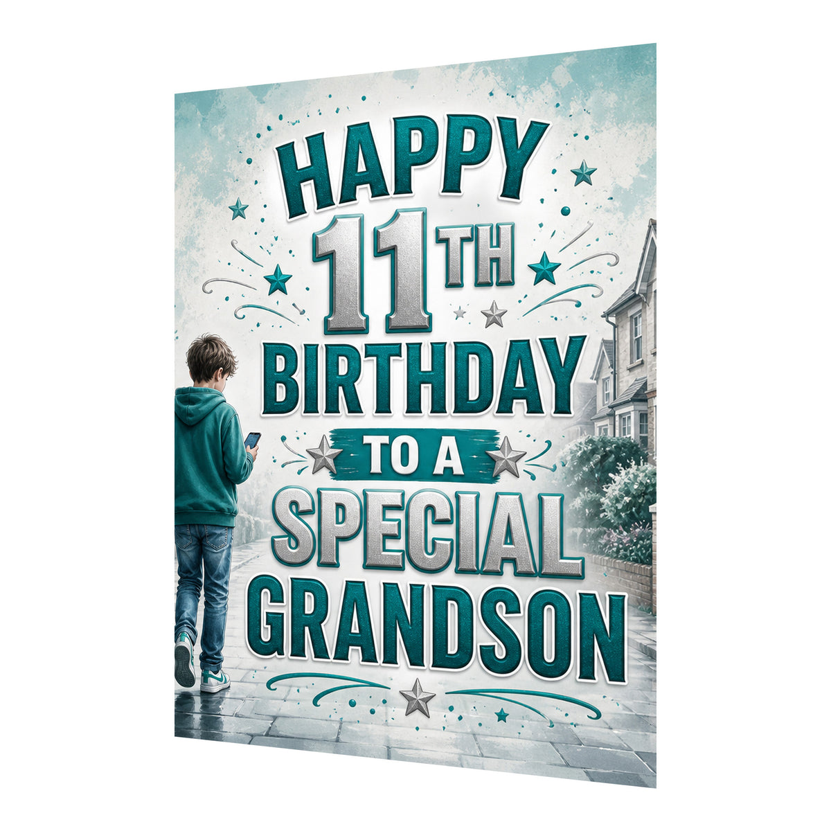 Happy 11th Birthday Grandson Blue Silver Street Greeting Card A5