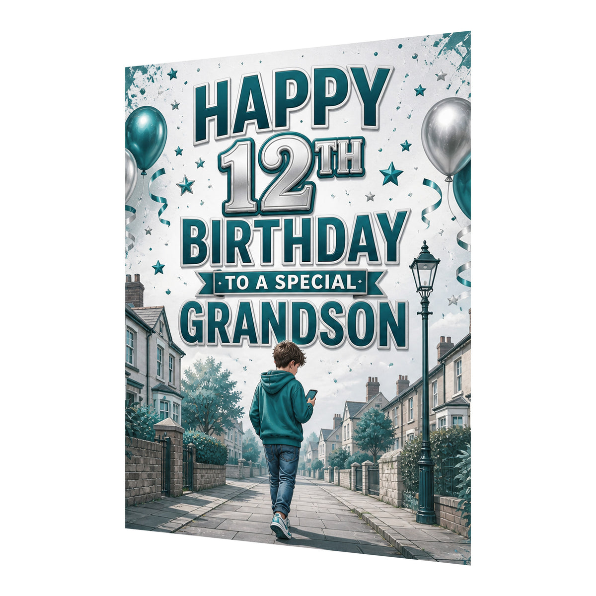 Happy 12th Birthday Grandson Blue Silver Street Greeting Card A5
