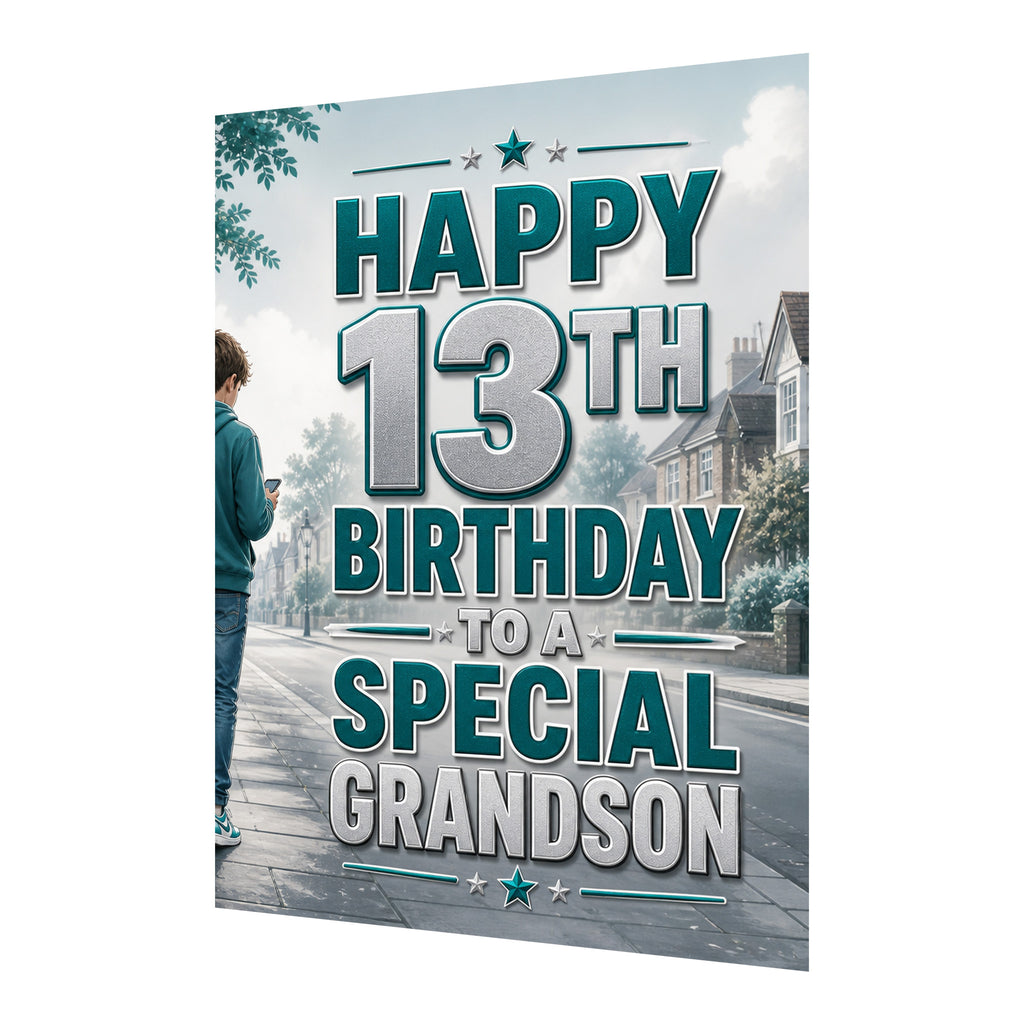 Happy 13th Birthday Grandson Blue Silver Street Greeting Card A5