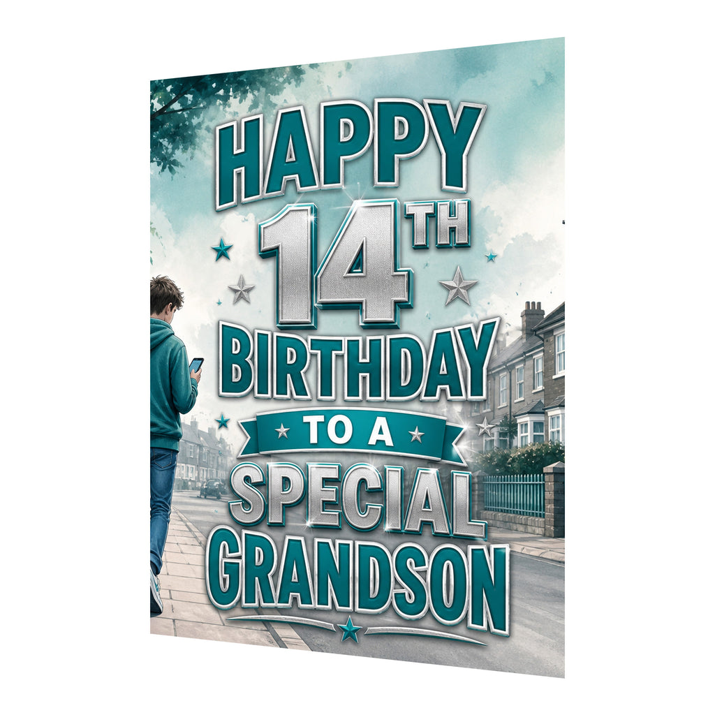 Happy 14th Birthday Grandson Blue Silver Street Greeting Card A5