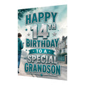 Happy 14th Birthday Grandson Blue Silver Street Greeting Card A5