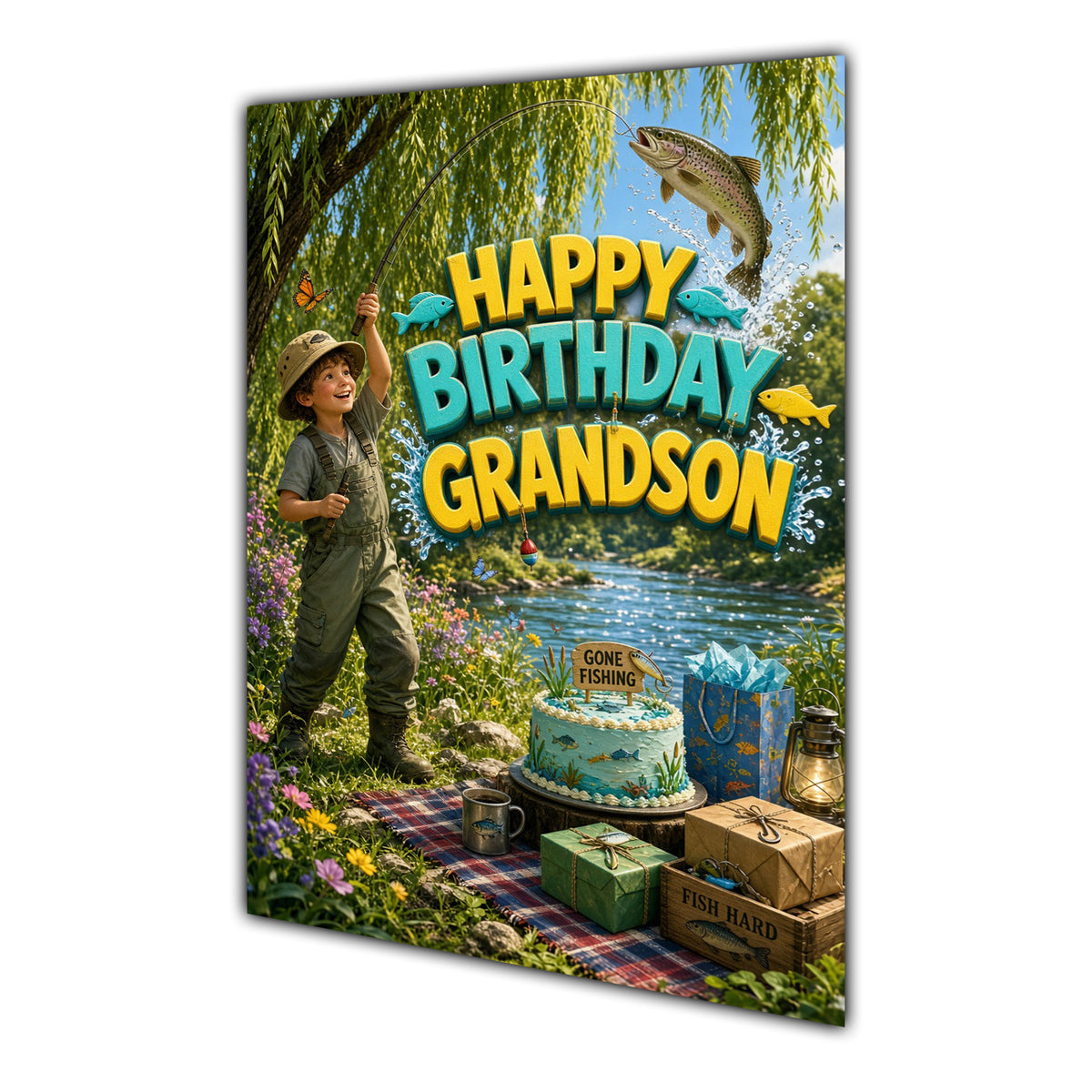 Happy Birthday Grandson Fishing River Greeting Card A5