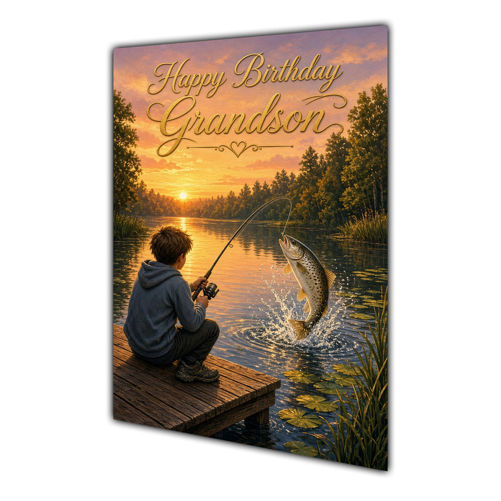 Happy Birthday Grandson Fishing Sunset Greeting Card A5