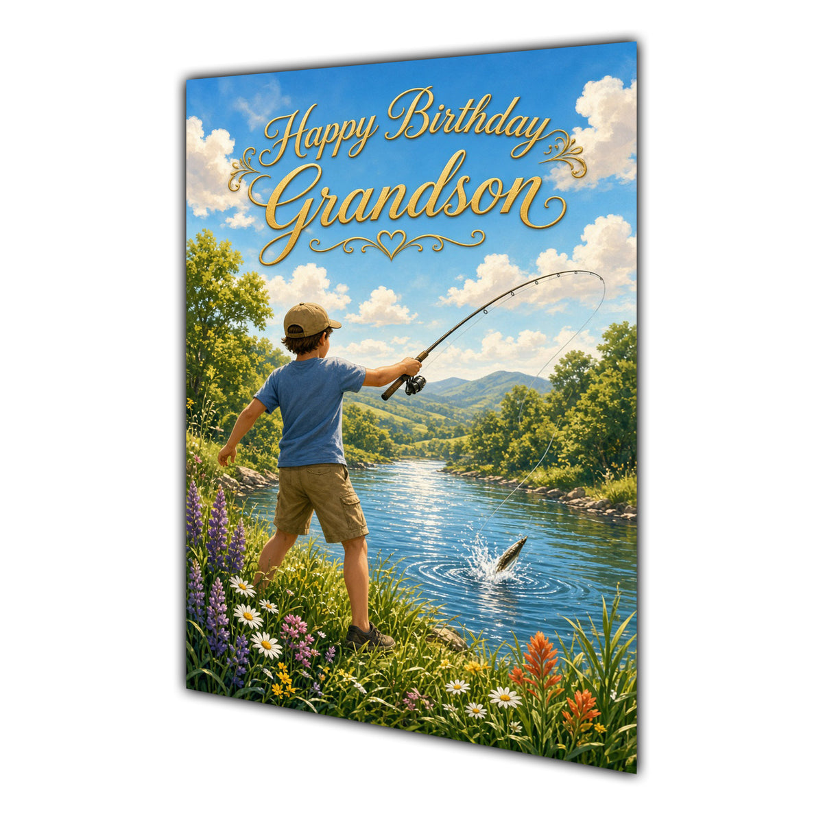 Happy Birthday Grandson Fishing Lake Greeting Card A5