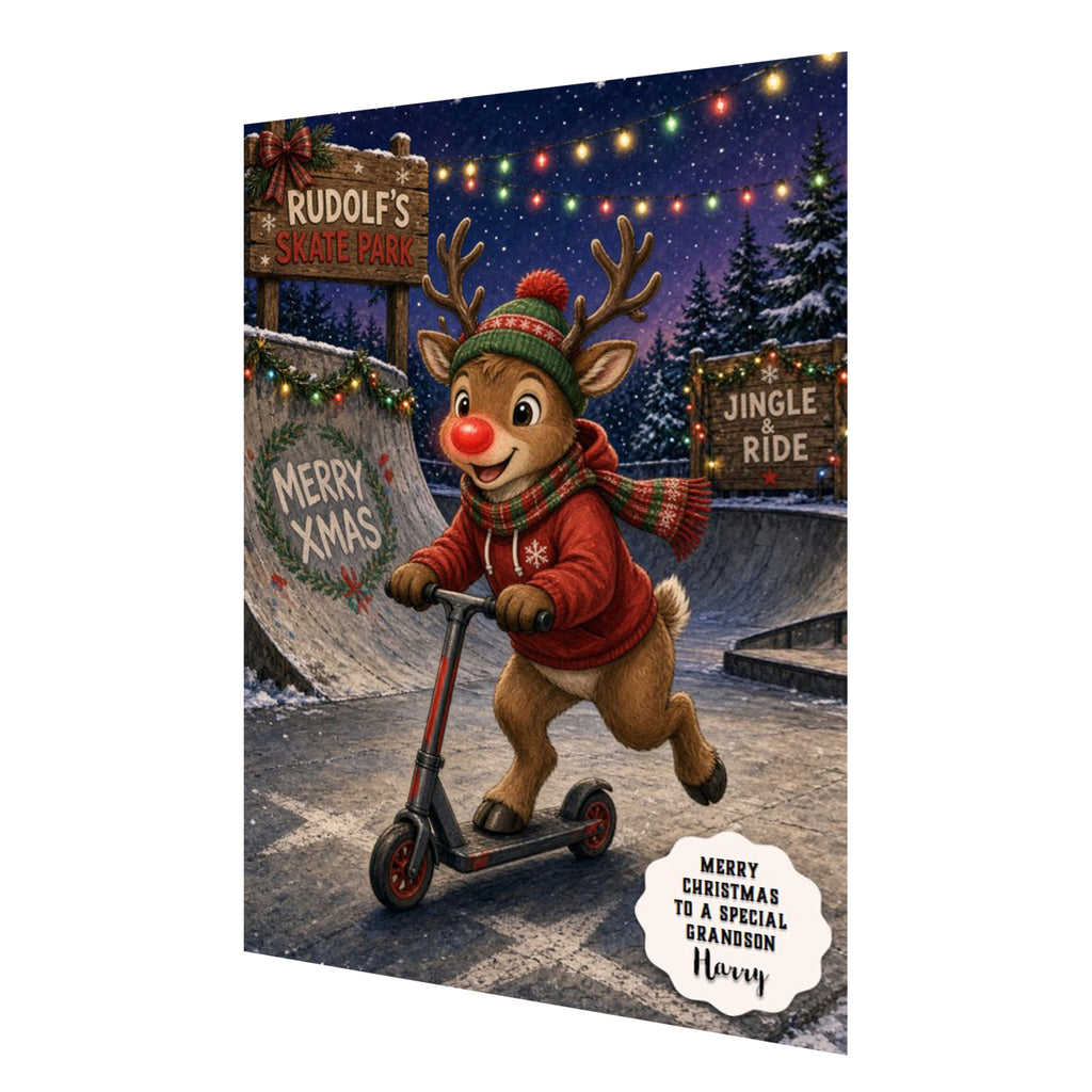 Personalised Christmas Card - Reindeer Riding a Scooter
