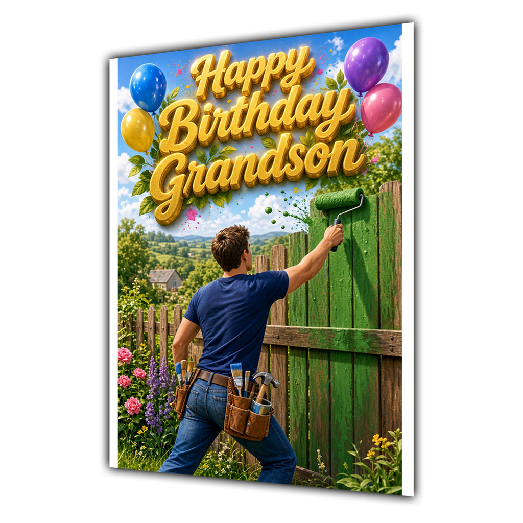 Grandson Birthday Card - Painting a Garden Fence