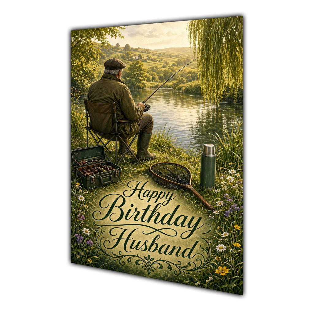 Happy Birthday Husband Fishing Lakeside Greeting Card A5