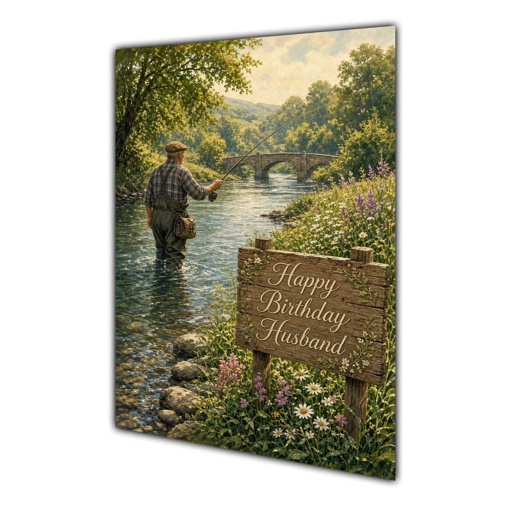 Happy Birthday Husband River Fishing Greeting Card A5