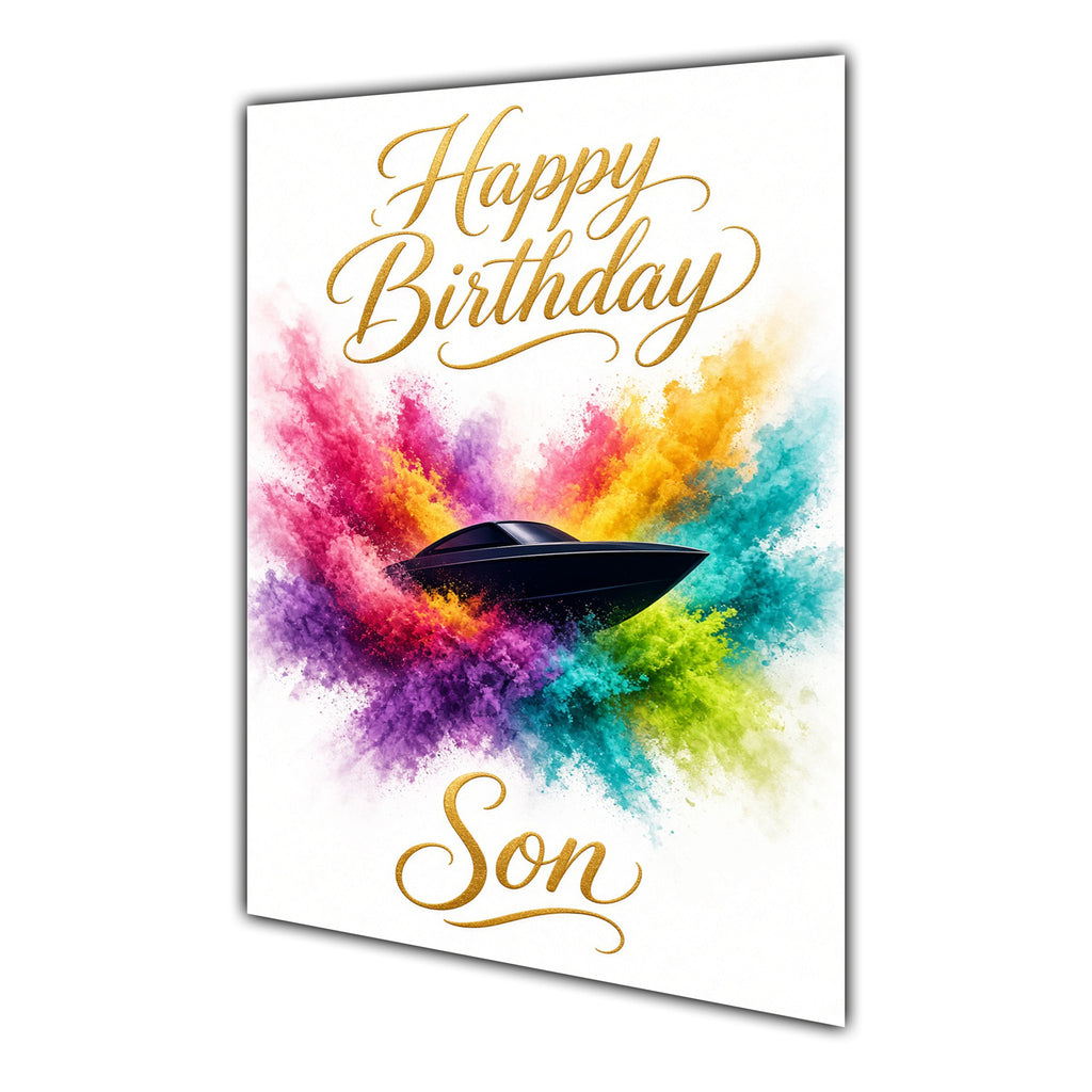 Happy Birthday Son Speedboat Colour Splash Greeting Card A5