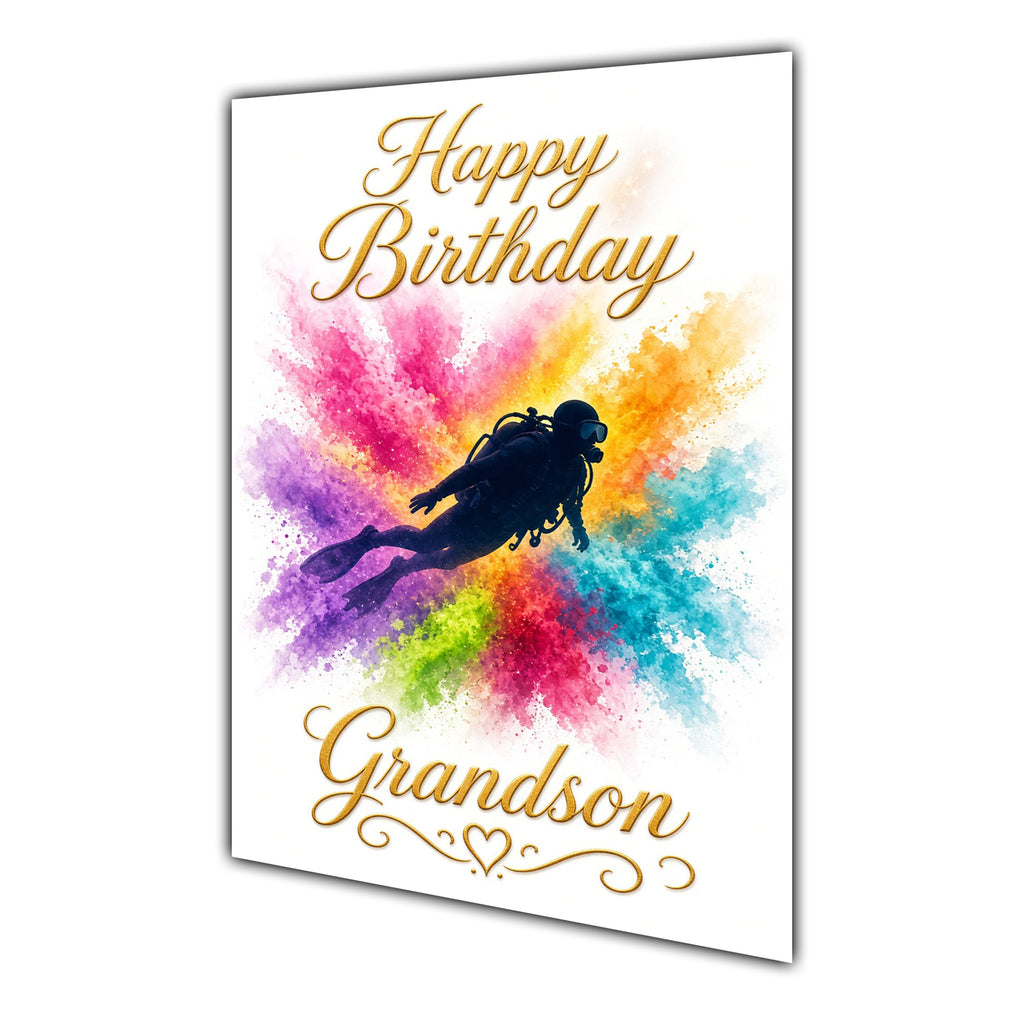 Grandson Birthday Card - Scuba Diving and Rainbow Colour Splash