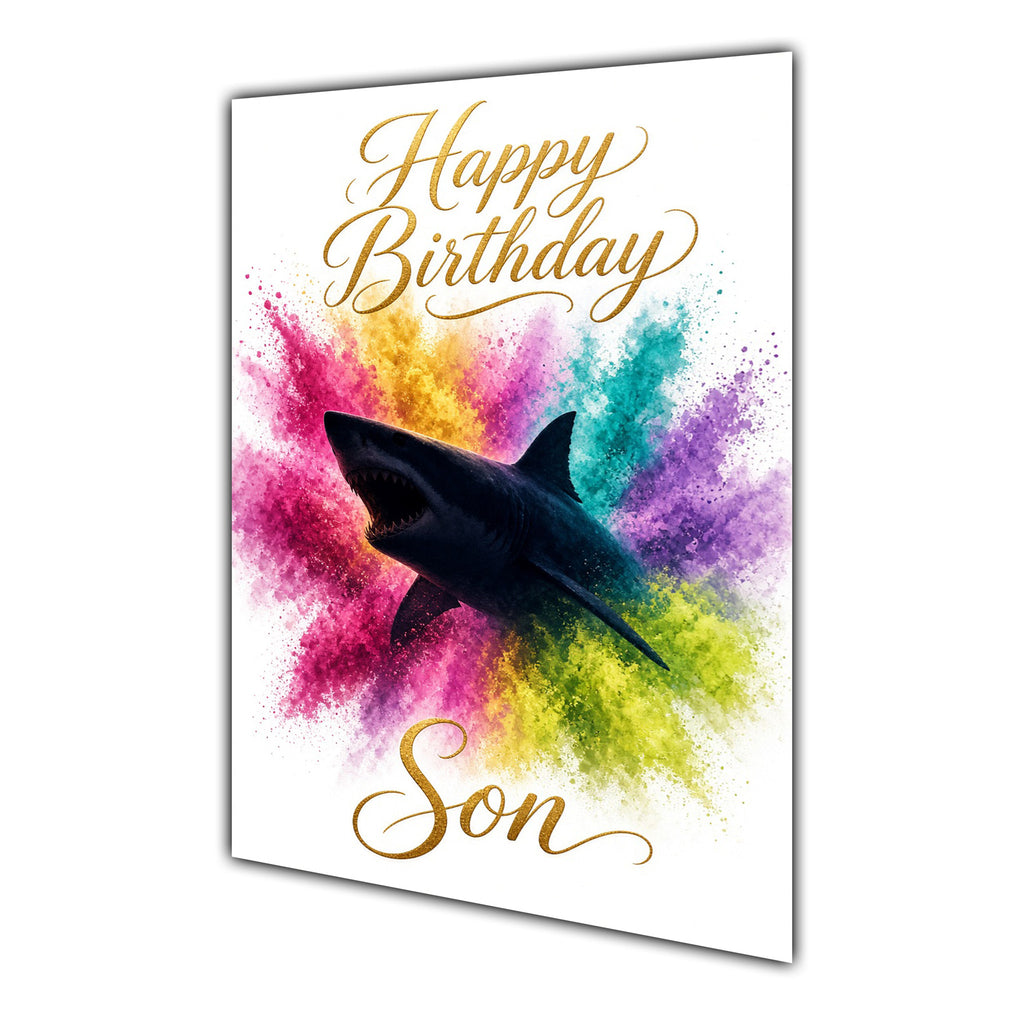 Son Birthday Card - Shark and Rainbow Colour Splash