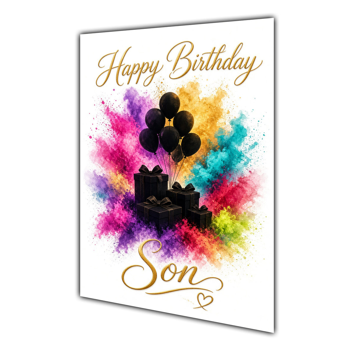 Son Birthday Card - Balloons and Gifts and Rainbow Colour Splash