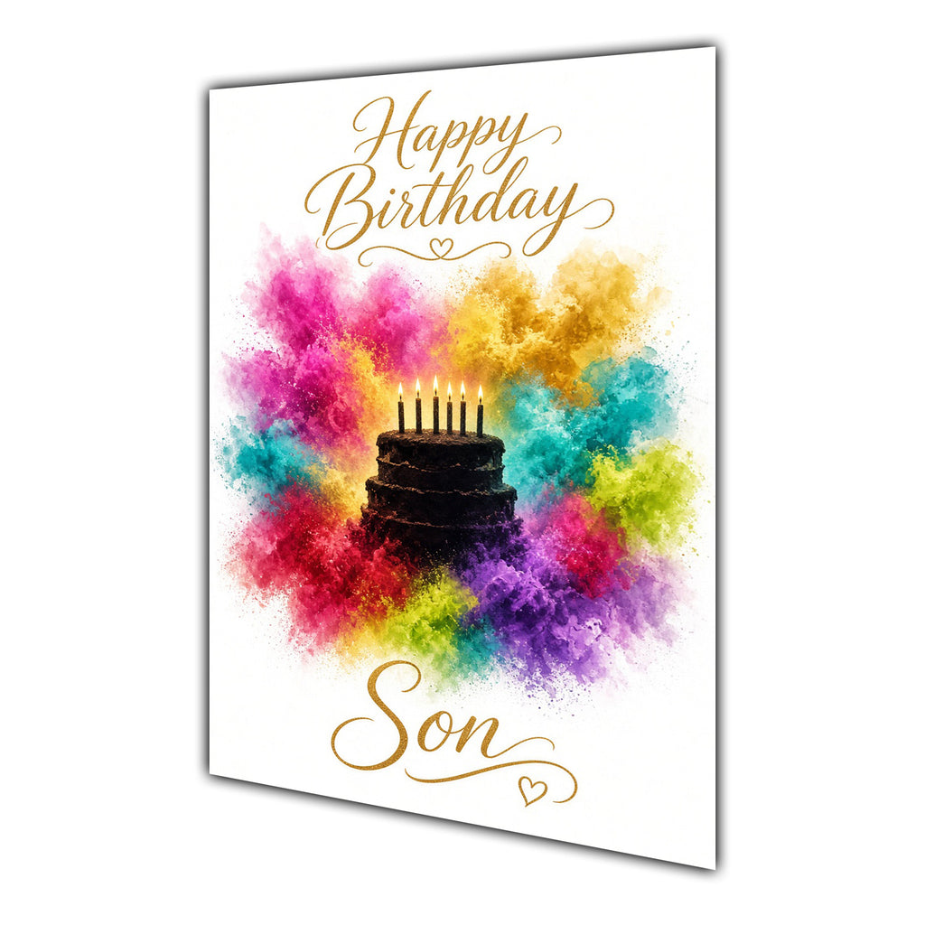 Son Birthday Card - Birthday Cake and Rainbow Colour Splash
