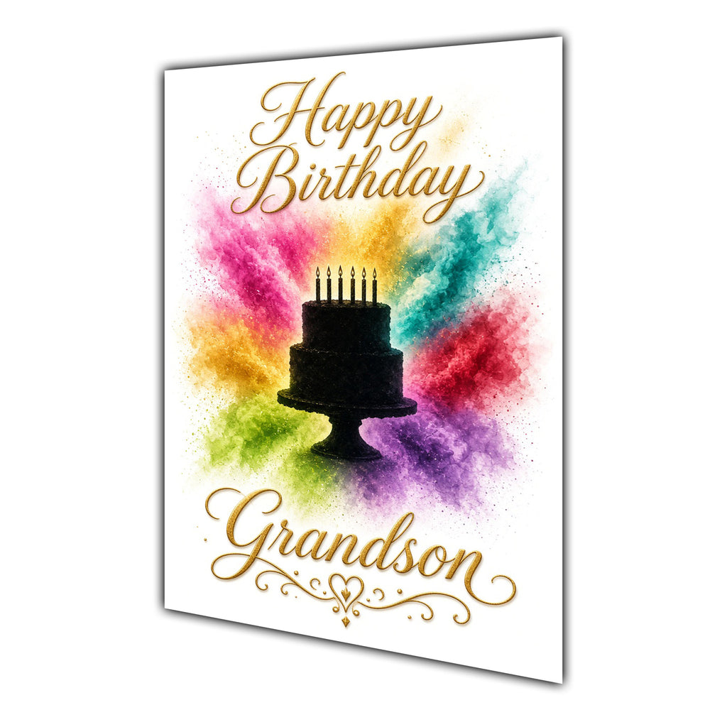 Grandson Birthday Card - Birthday Cake and Rainbow Colour Splash