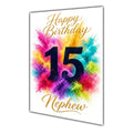 Happy 15th Birthday Nephew Colour Splash Greeting Card A5