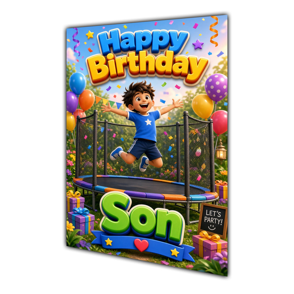 Happy Birthday Son Trampoline Navy Gold Greeting Card A5