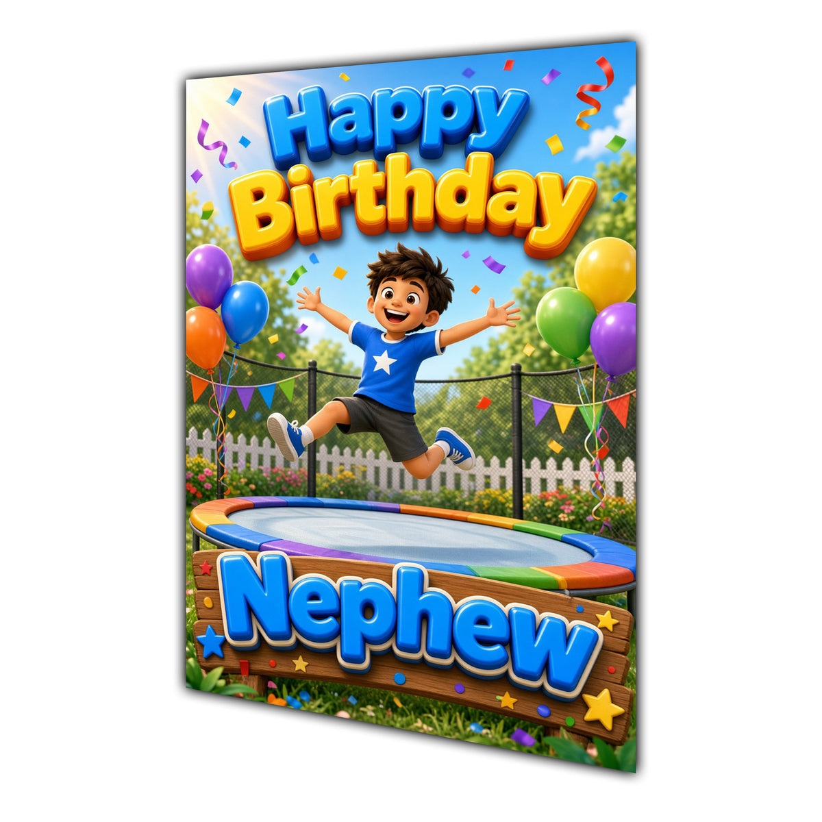 Happy Birthday Nephew Trampoline Navy Gold Greeting Card A5