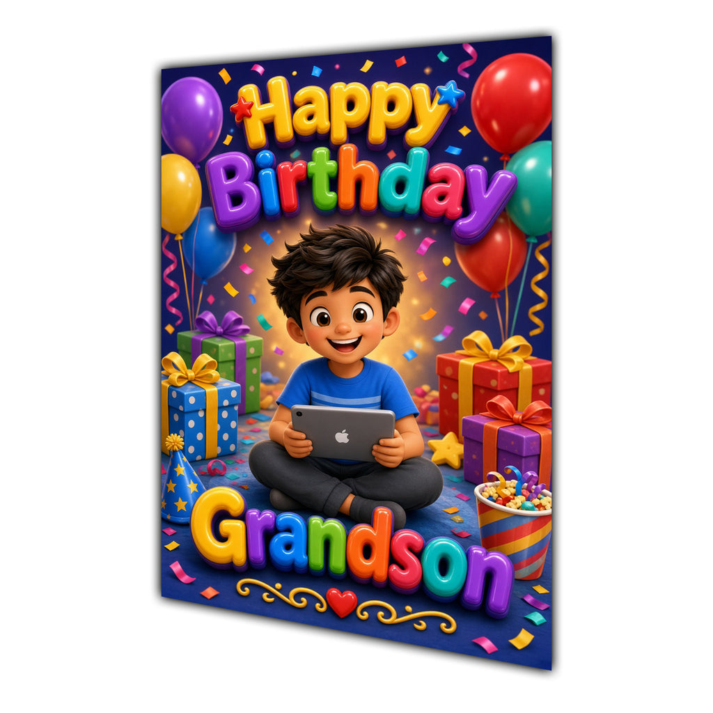 Happy Birthday Grandson Gaming Navy Gold Greeting Card A5