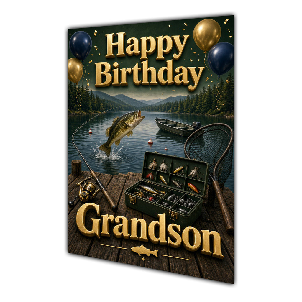 Happy Birthday Grandson Fishing Navy Gold Greeting Card A5