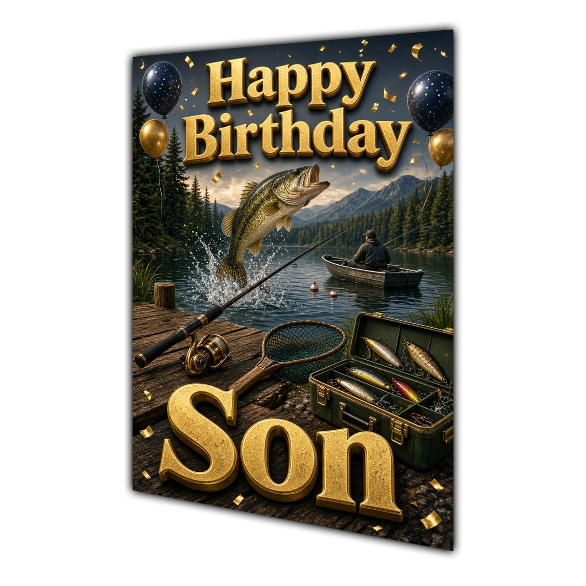 Happy Birthday Son Fishing Navy Gold Greeting Card A5