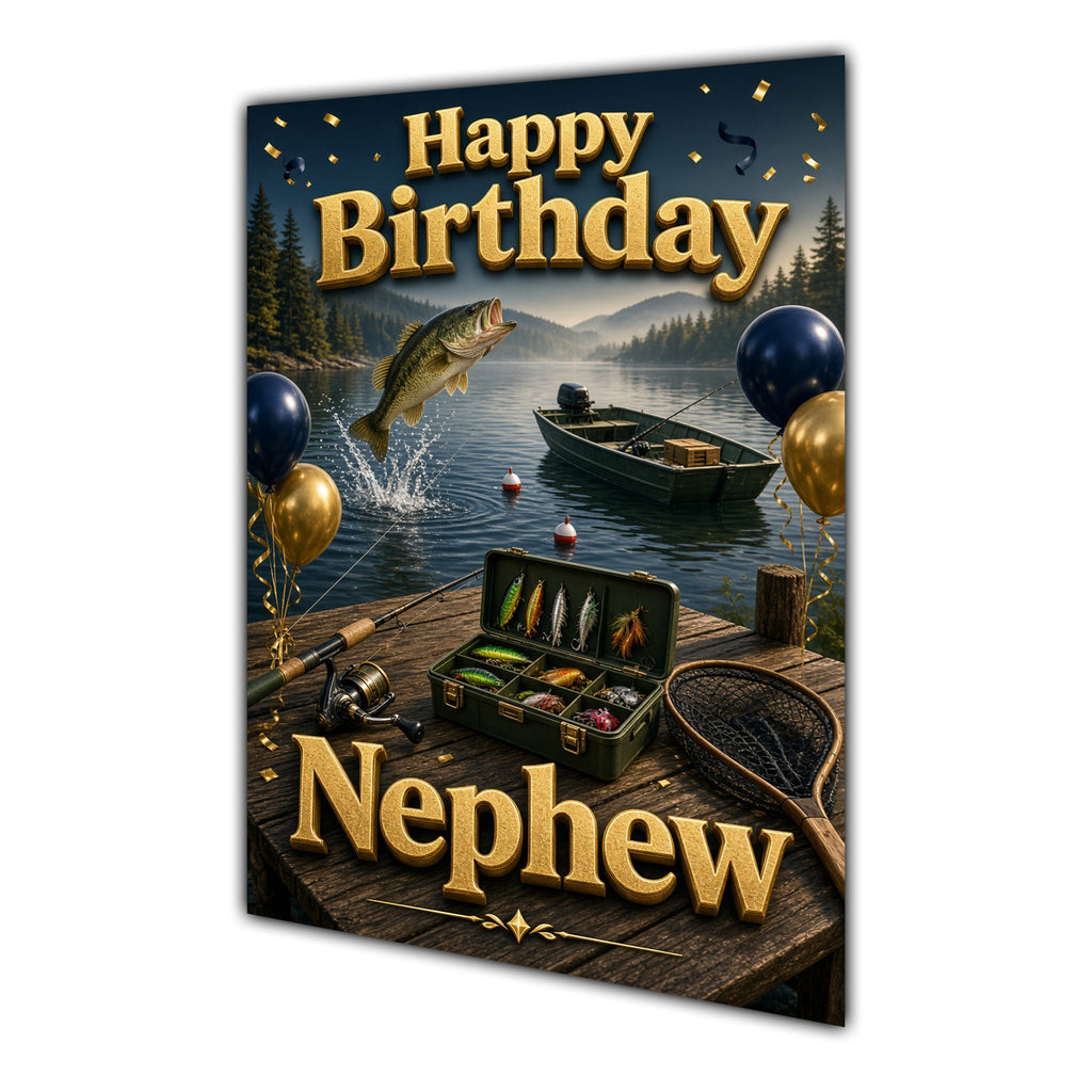 Happy Birthday Nephew Fishing Navy Gold Greeting Card A5