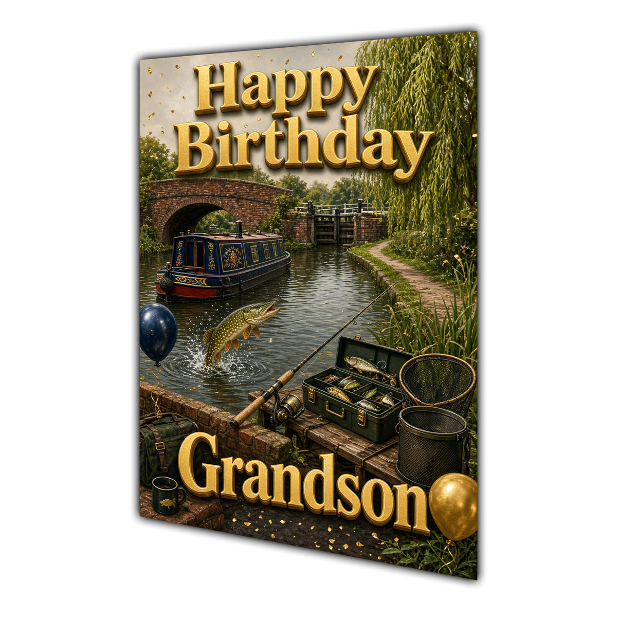 Happy Birthday Grandson Canal Boats Navy Gold Greeting Card A5