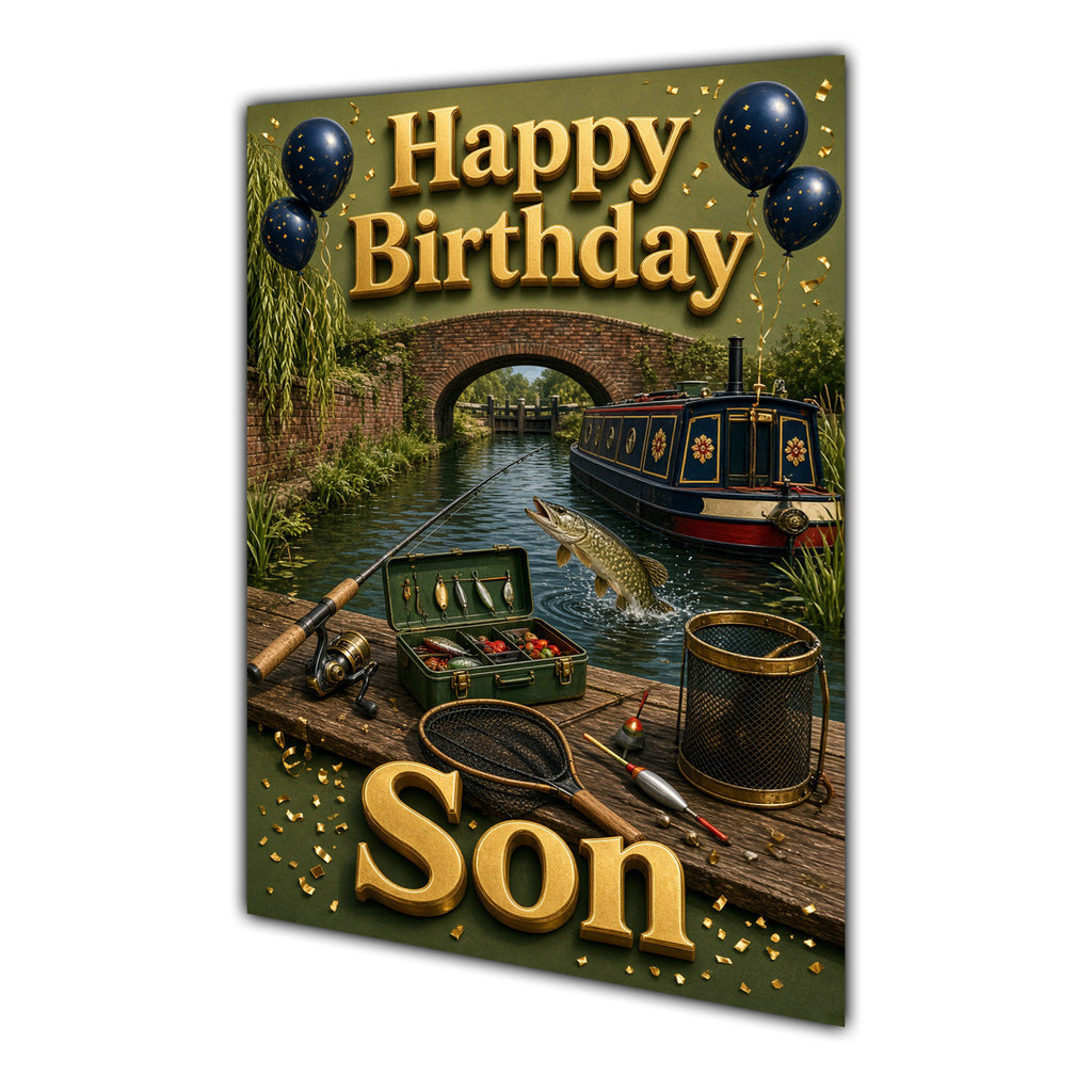Happy Birthday Son Canal Boats Navy Gold Greeting Card A5