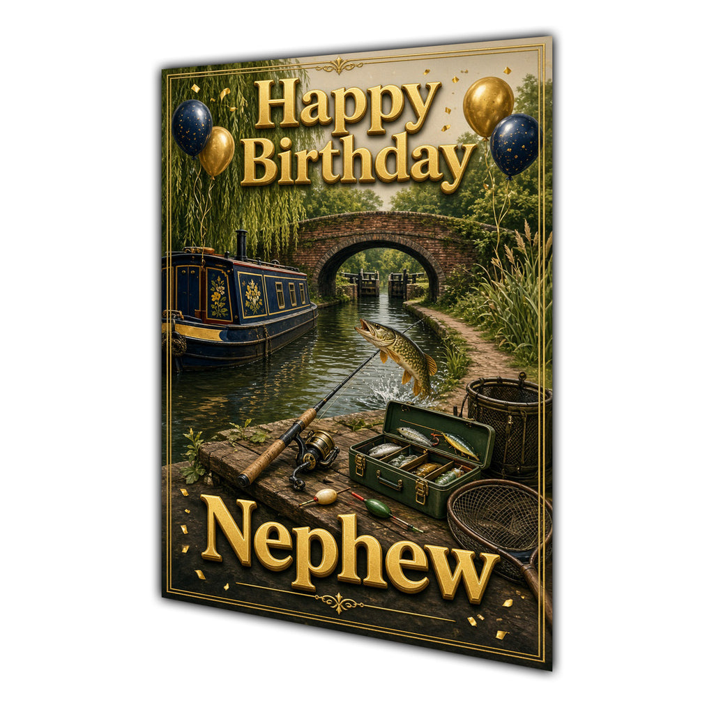 Happy Birthday Nephew Canal Boats Navy Gold Greeting Card A5