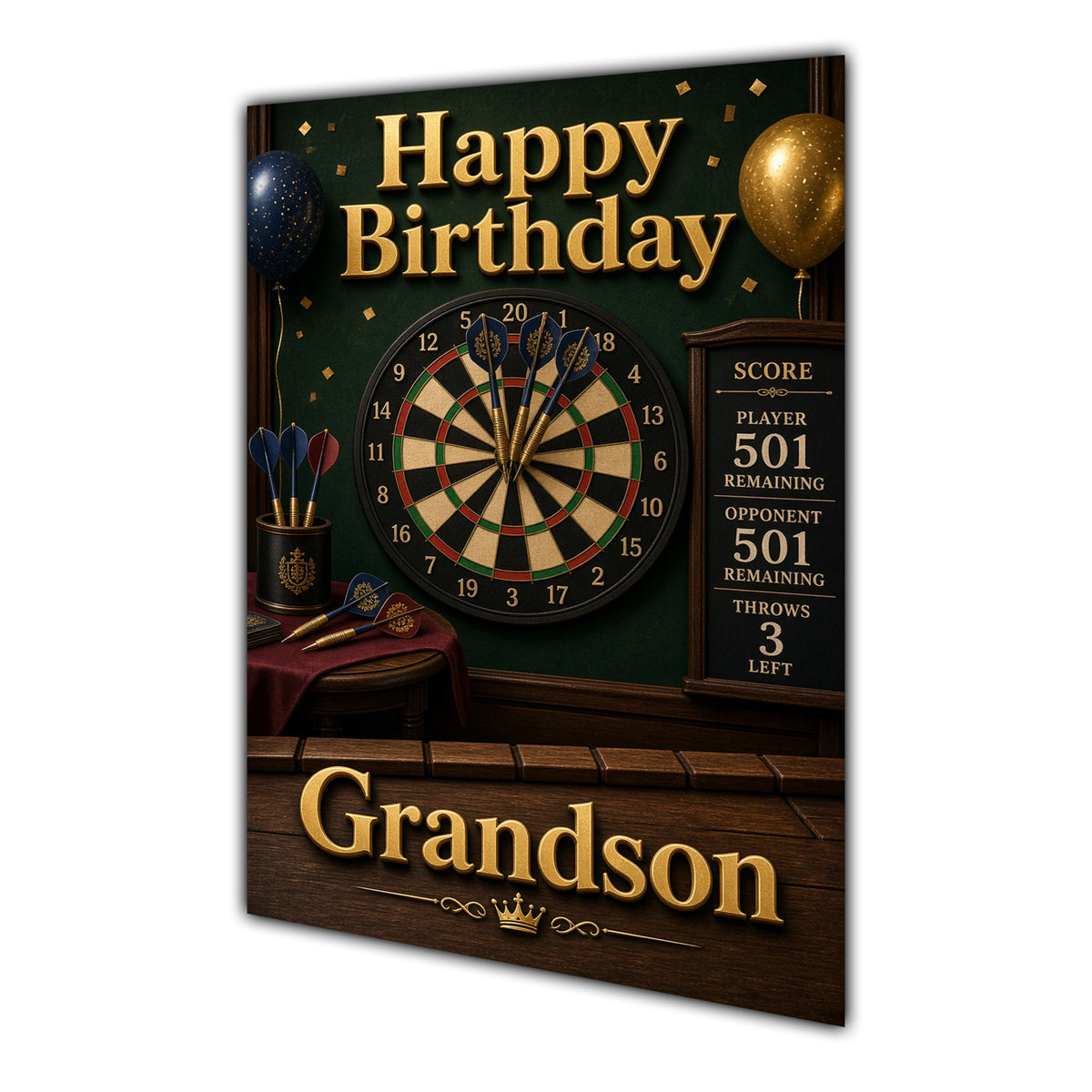Happy Birthday Grandson Darts Navy Gold Greeting Card A5