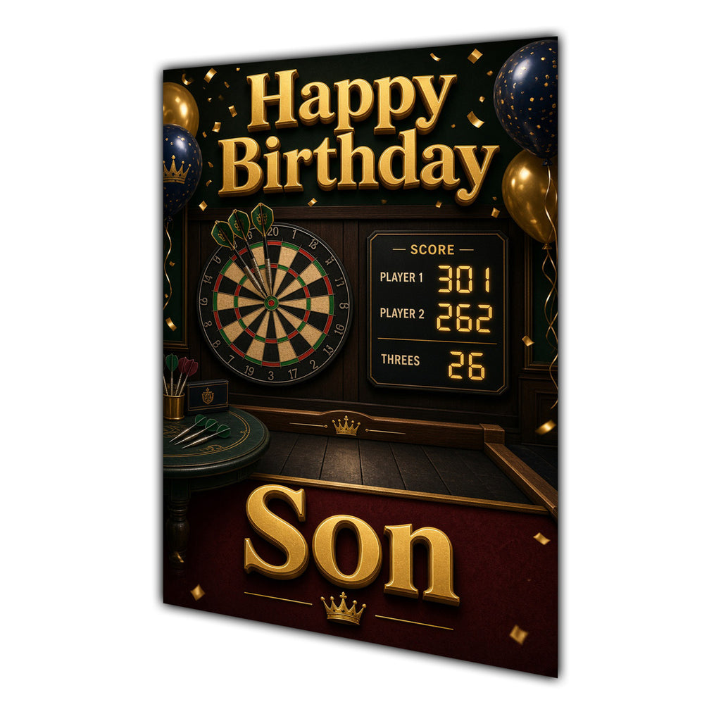 Happy Birthday Son Darts Navy Gold Greeting Card A5