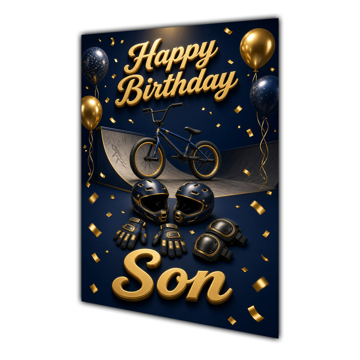 Happy Birthday Son BMX Navy Gold Greeting Card A5