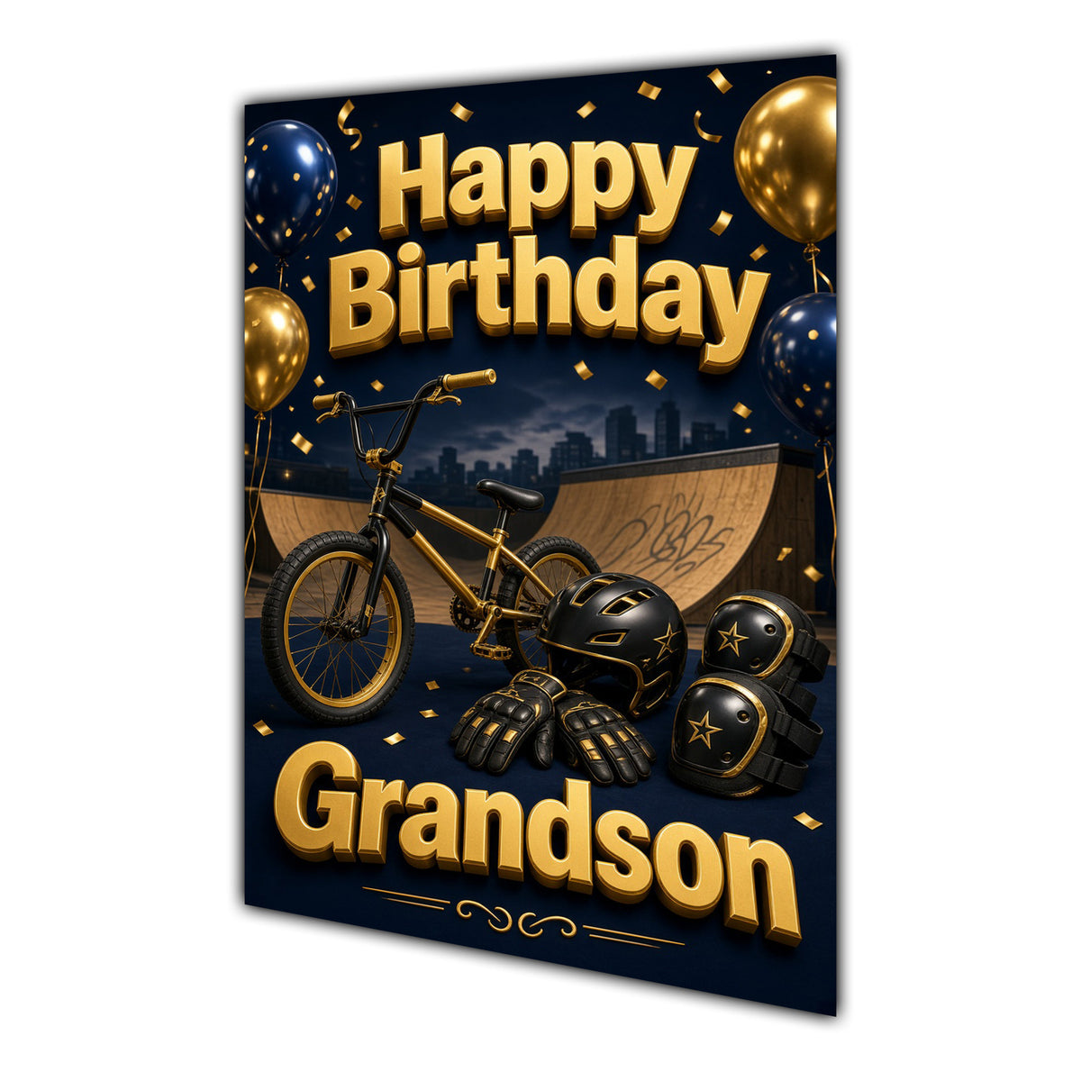 Happy Birthday Grandson BMX Navy Gold Greeting Card A5