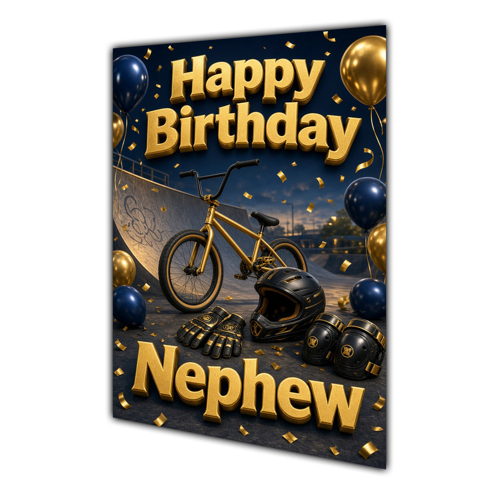 Happy Birthday Nephew BMX Navy Gold Greeting Card A5