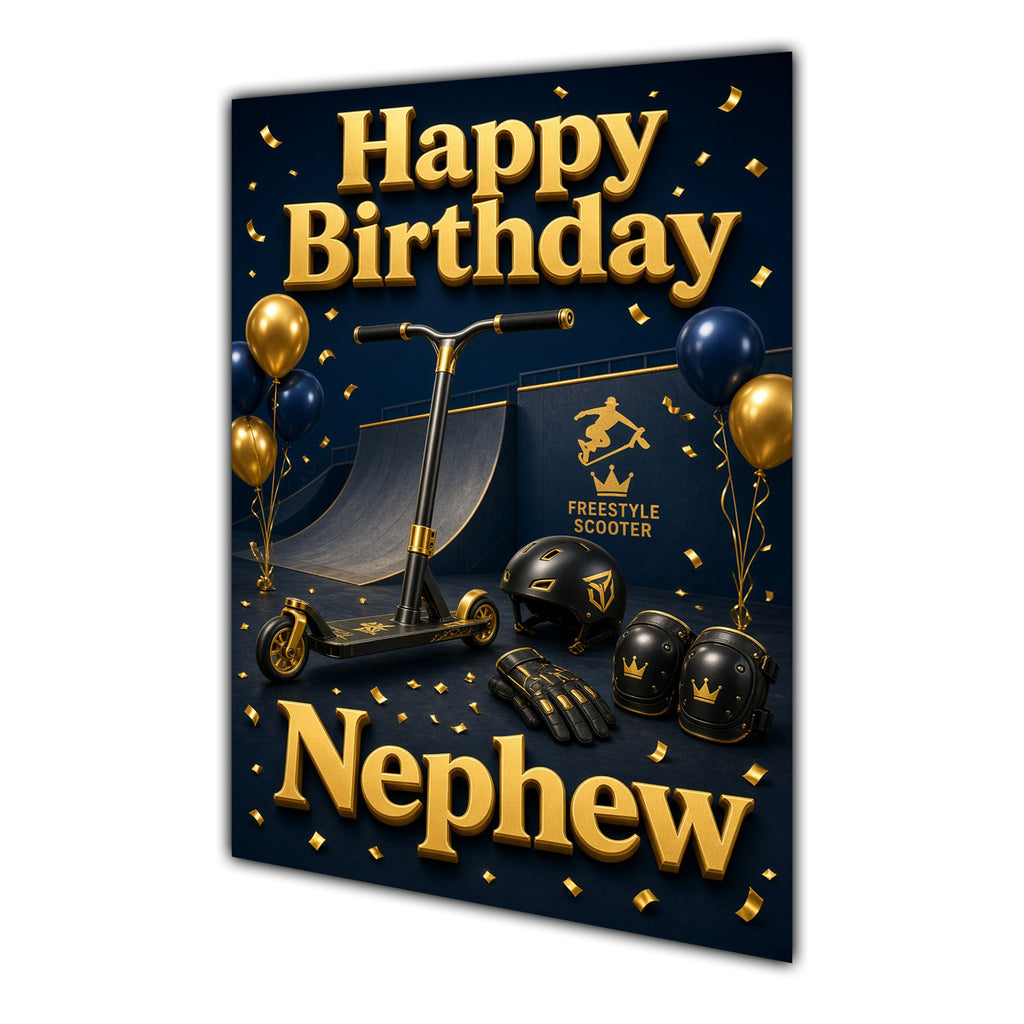 Happy Birthday Nephew Scooter Navy Gold Greeting Card A5