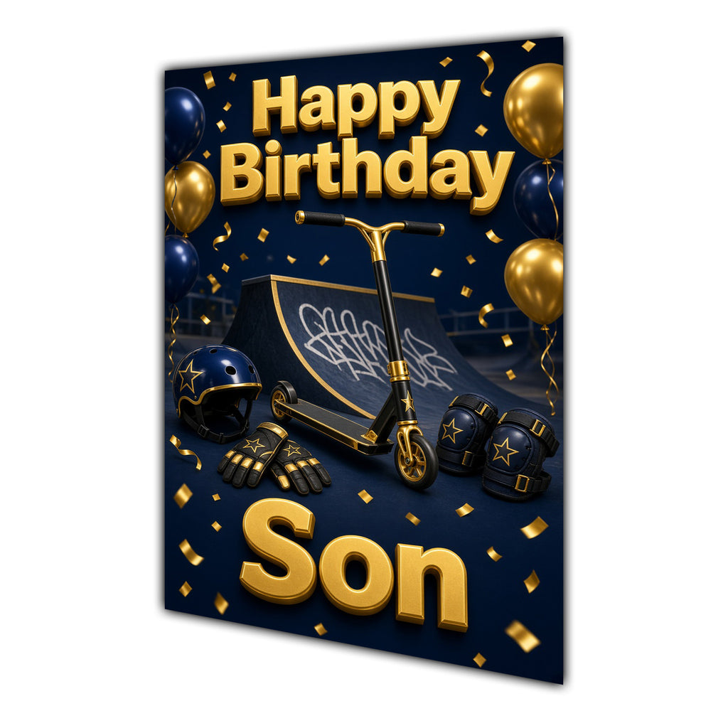 Happy Birthday Son Scooter Navy Gold Greeting Card A5