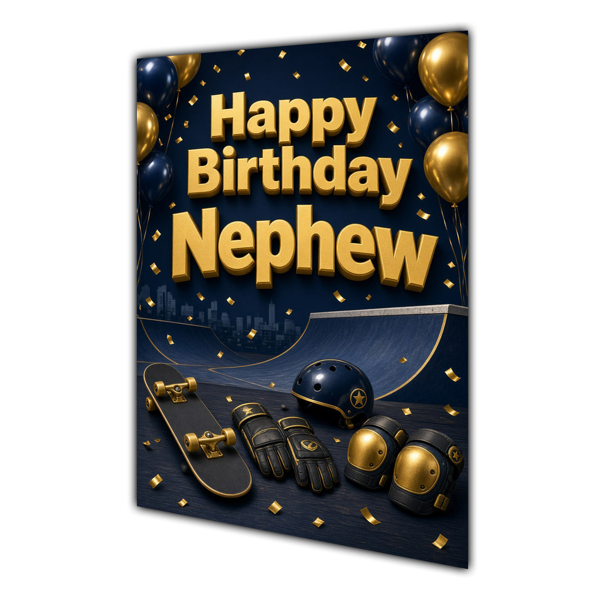 Happy Birthday Nephew Skateboarding Navy Gold Greeting Card A5