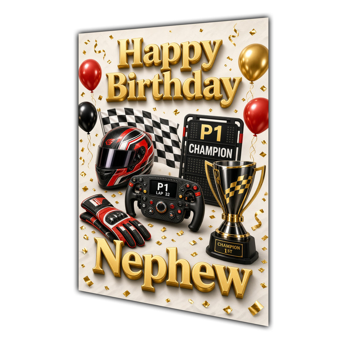 Happy Birthday Nephew Formula 1 Navy Gold Greeting Card A5
