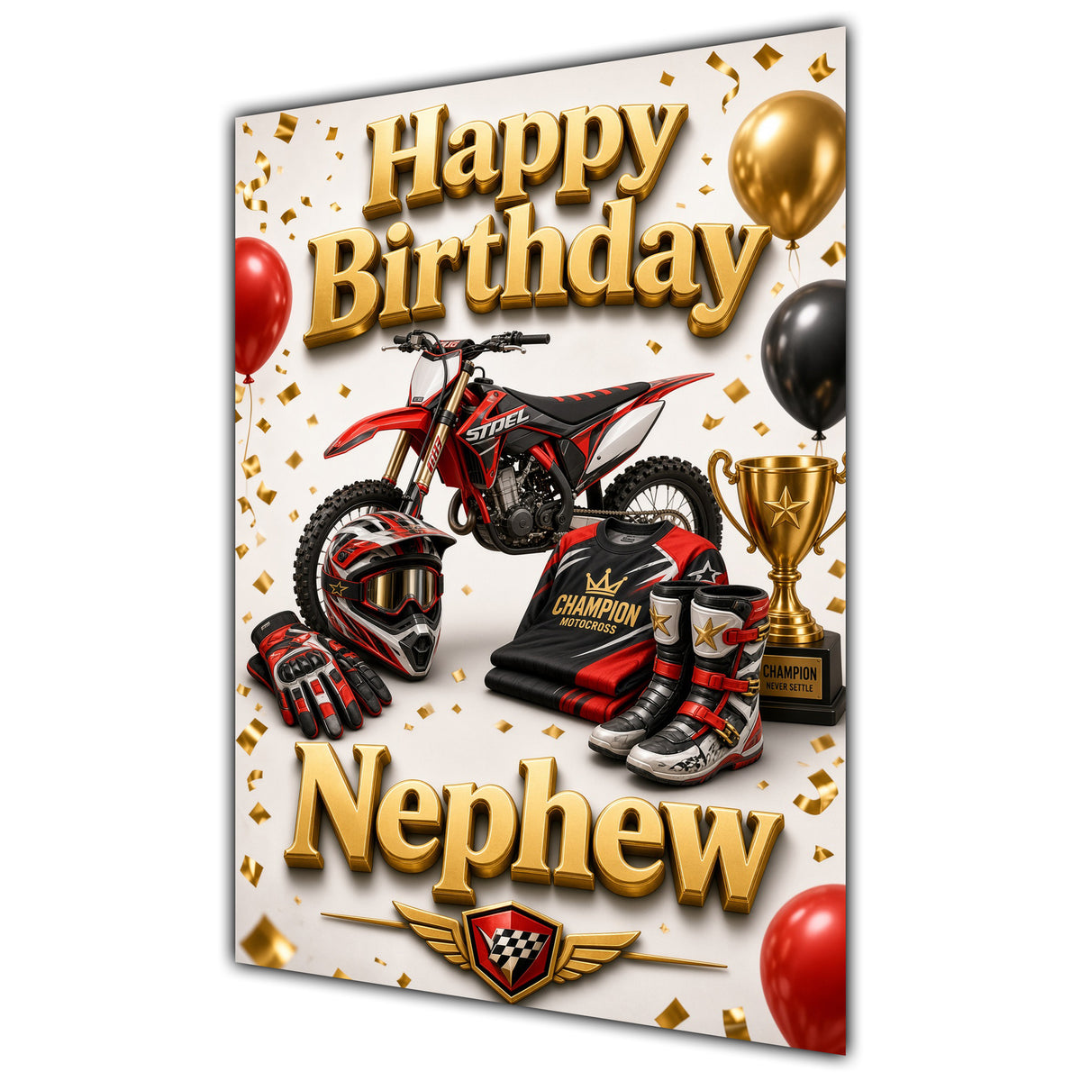 Happy Birthday Nephew Motocross Navy Gold Greeting Card A5