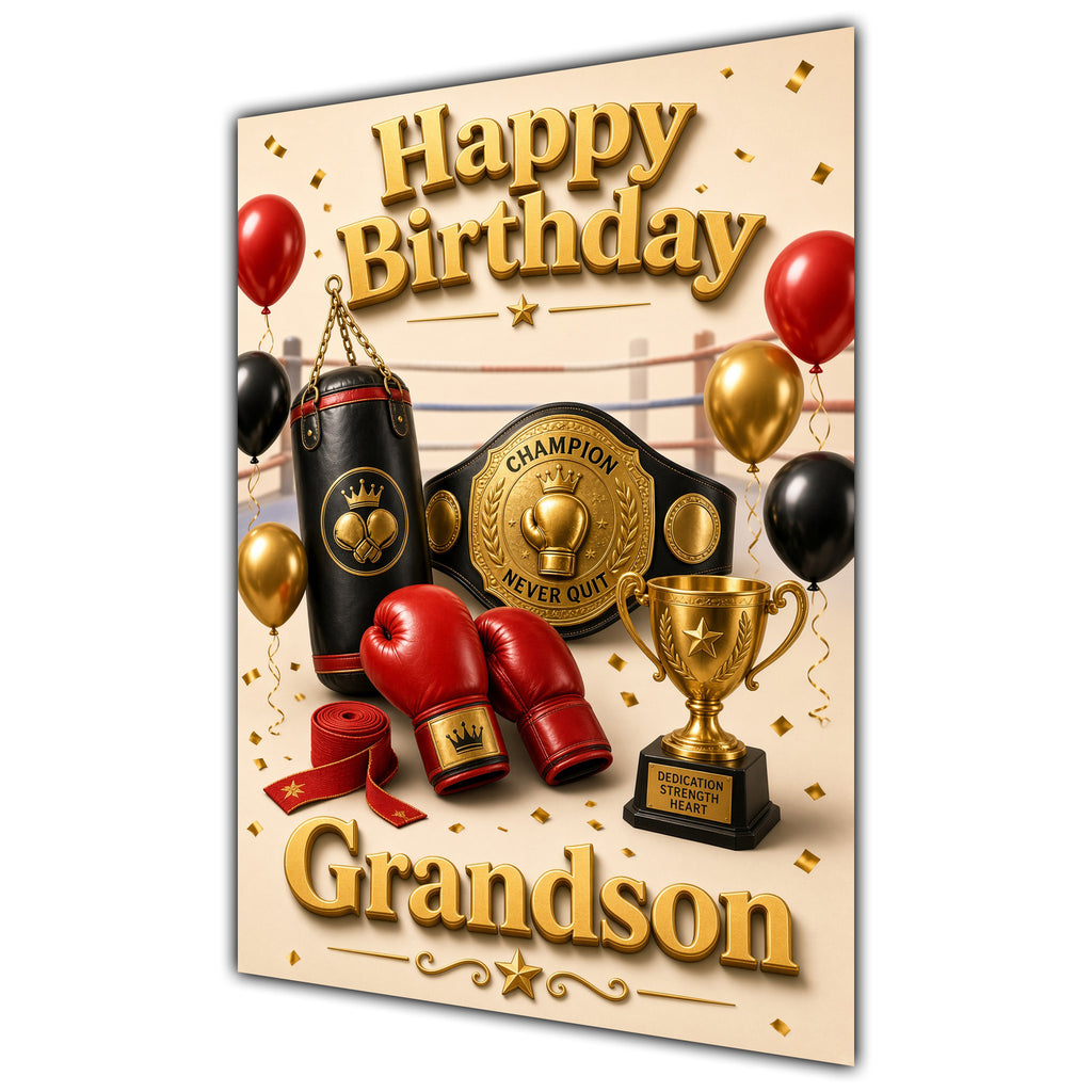 Happy Birthday Grandson Boxing Navy Gold Greeting Card A5