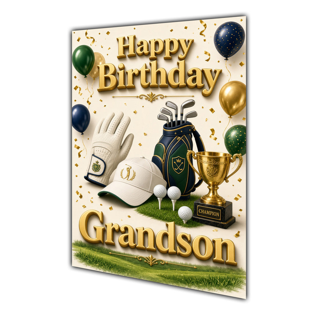 Happy Birthday Grandson Golf Navy Gold Greeting Card A5