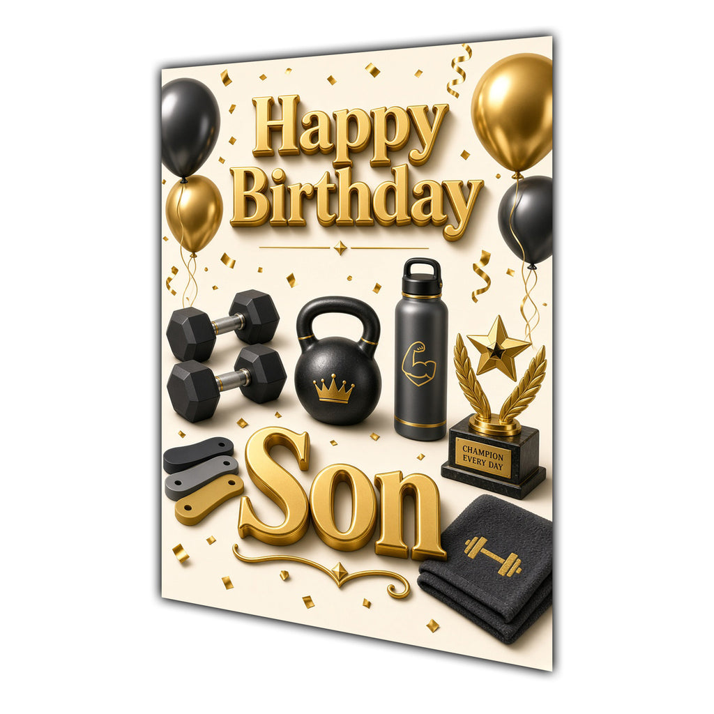 Happy Birthday Son Fitness Navy Gold Greeting Card A5